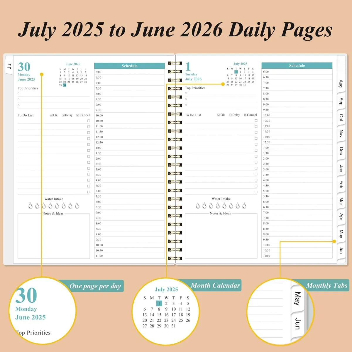 2025-2026 Daily & Monthly Planner - One Page Per Day, Daily Planner from July 2025 to June 2026, Planner 2025-2026 with 12 Monthly Tabs, 8.5" x 11", Rose Flower