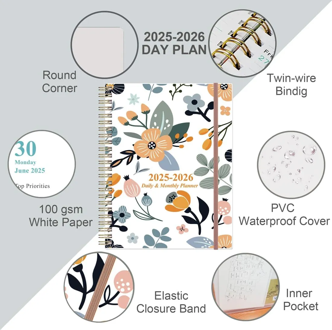 2025-2026 Daily & Monthly Planner - One Page Per Day, Daily Planner from July 2025 to June 2026, Planner 2025-2026 with 12 Monthly Tabs, 8.5" x 11", Rose Flower