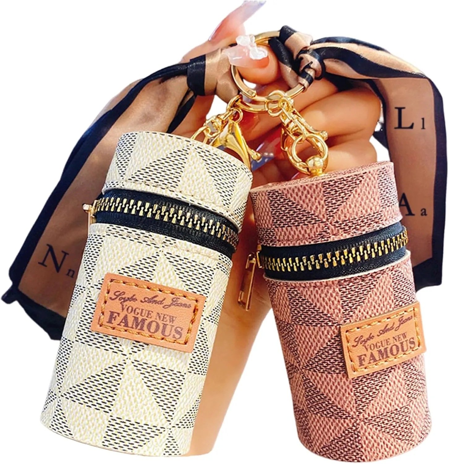 2Pcs Lipstick Organizer, Luxury Leather Lip Gloss Bag, Mini Lipstick Case with Keychain, Girls travel Lipgloss Makeup Storage Holder for Purse Perfume Fingernail Polish (White, Pink)