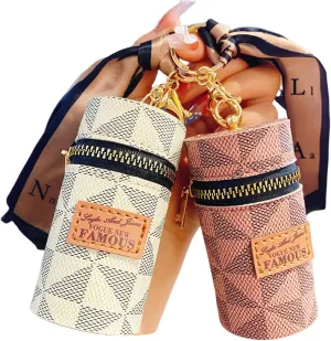2Pcs Lipstick Organizer, Luxury Leather Lip Gloss Bag, Mini Lipstick Case with Keychain, Girls travel Lipgloss Makeup Storage Holder for Purse Perfume Fingernail Polish (White, Pink)