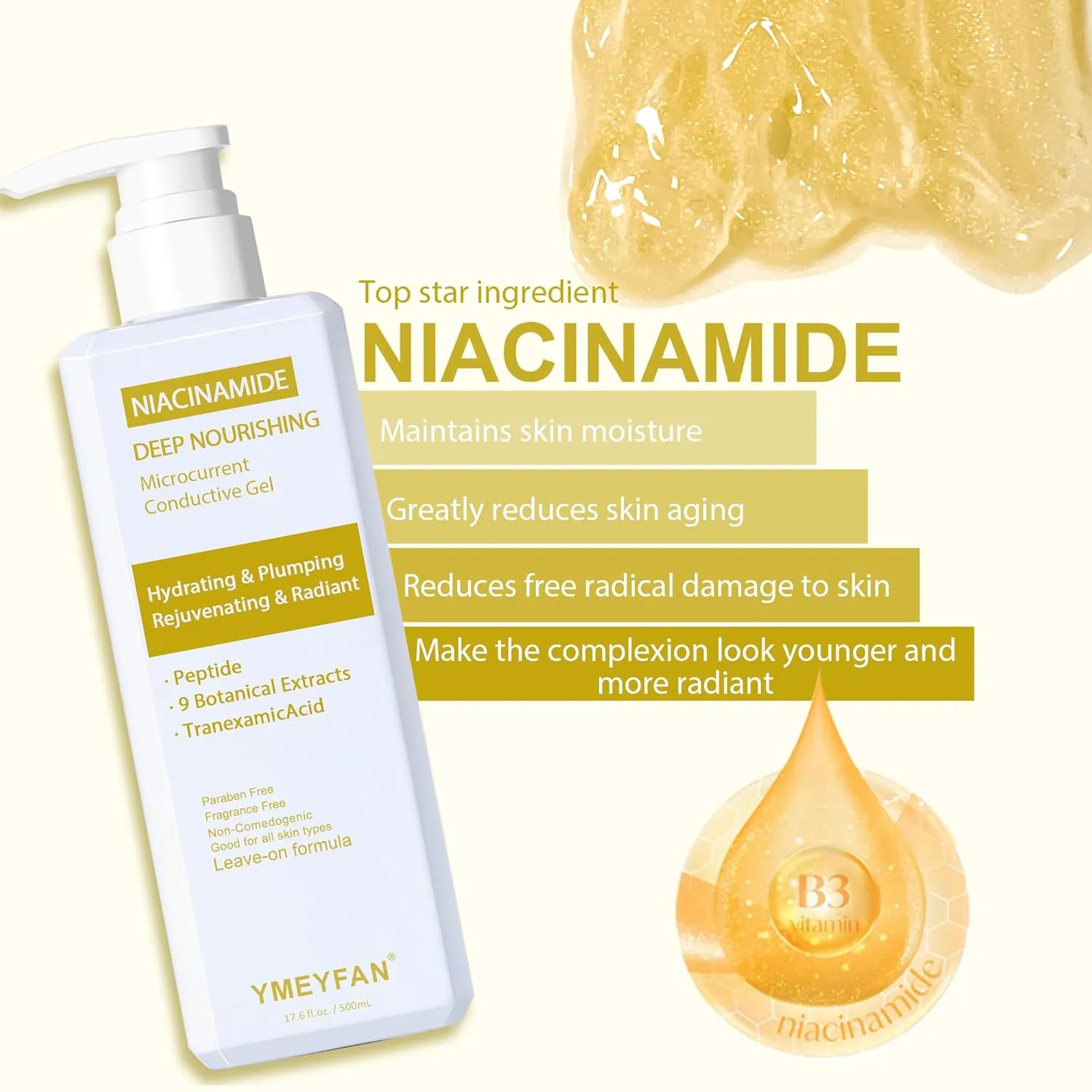 500ML Conductive Gel, Deep Nourishing Facial Leave-On Gel Primer for Microcurrent Devices, Hydrating Rejuvenating Radiance Serum, Niacinamide, Peptide & 9 Botanical Extracts, Paraben & Fragrance Free