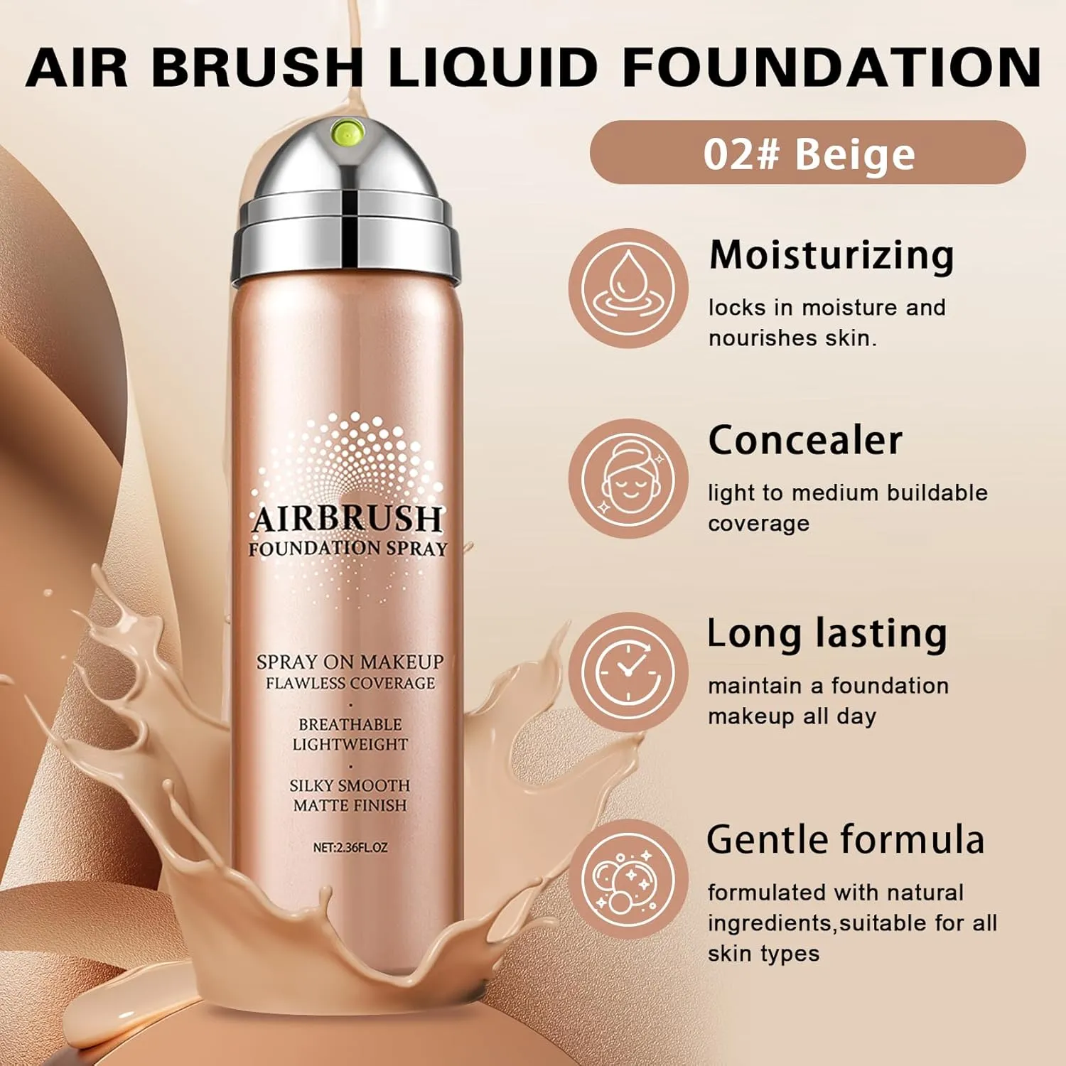Airbrush Foundation with Primer,Silk Flawless Airbrush Makeup,Buildable Coverage with Anti-aging Formula,Moisturizing Foundation Makeup (02 Beige)
