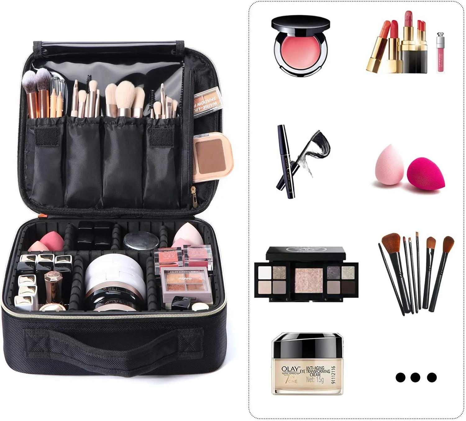 ANKUER Travel Makeup Case: Large Cosmetic Bag with Brush Organizer Portable Makeup Bag for Women and Girls Cosmetic Case with Adjustable Dividers (Black)