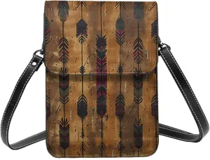 arrows feathers western Native American vintage brown Leather Small Crossbody Bags for Women Cell Phone Bag Wallet Purses with Adjustable Strap