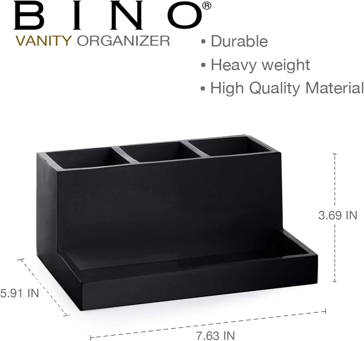 BINO Multi Purpose 3 Compartment Organizer with Tray - Makeup Brush Holder and Toothbrush Holder - Marble Bathroom Accessories (Matte Black)