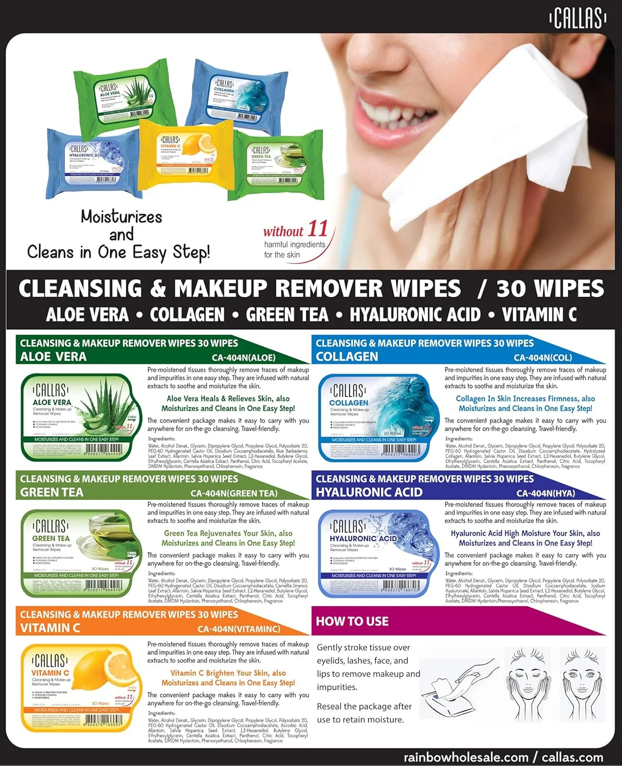 Callas Cleansing, Makeup Remover Wipes (30 Count x 12 Pack) (Aloe Vera)
