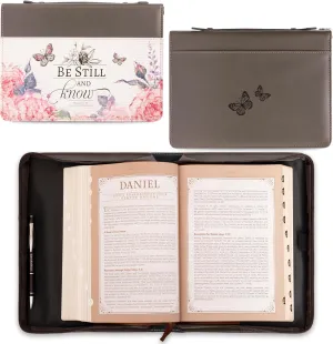 Christian Art Gifts Women's Fashion Bible Cover Be Still and Know Psalm 46:10, Pink Rose Butterfly, Gray Faux Leather, XL