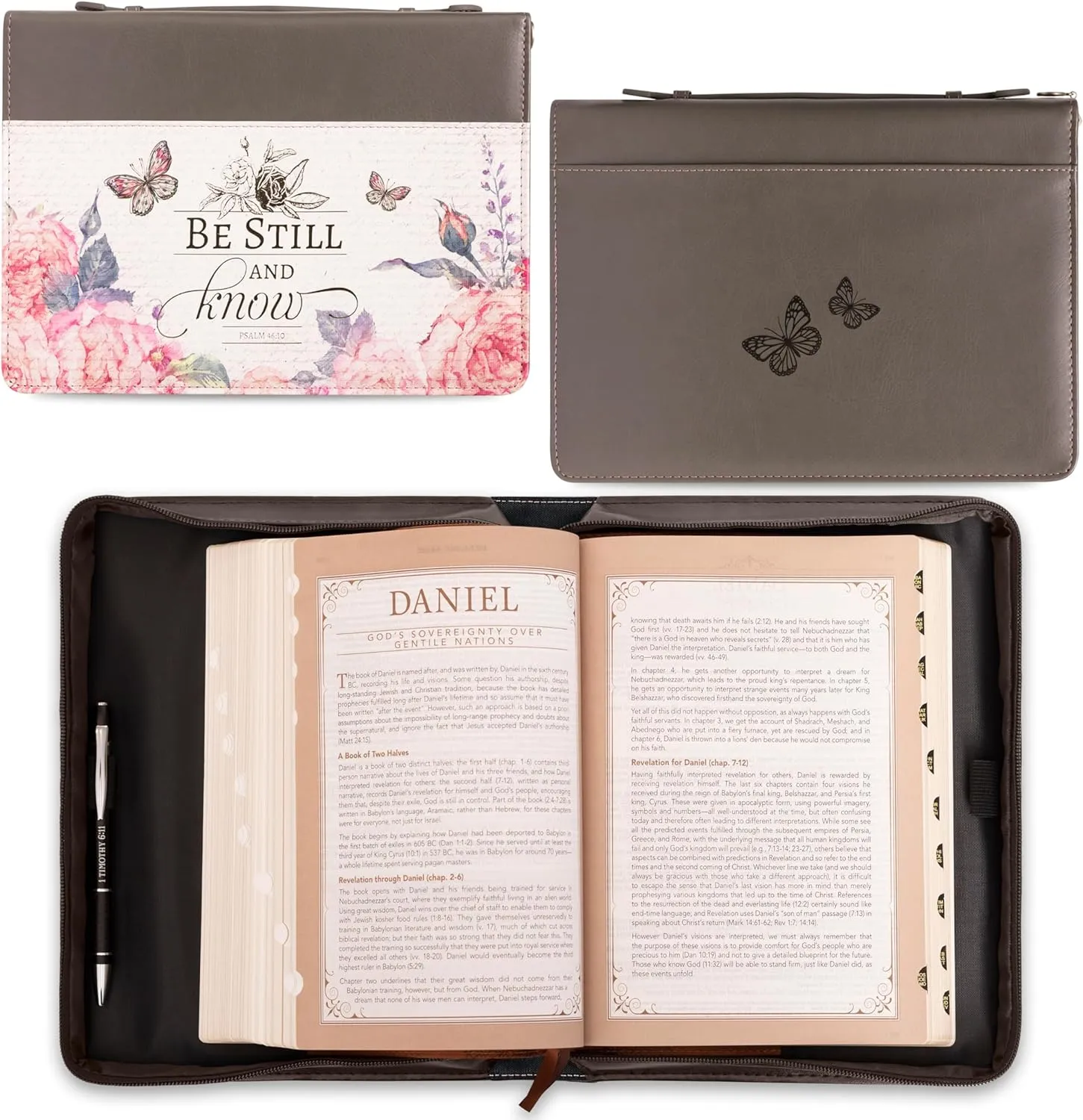 Christian Art Gifts Women's Fashion Bible Cover Be Still and Know Psalm 46:10, Pink Rose Butterfly, Gray Faux Leather, XL