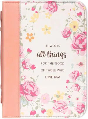 Christian Art Gifts Women's Fashion Bible Cover He Works All Things for Good Romans 8:28, Peach Floral Faux Leather, XL