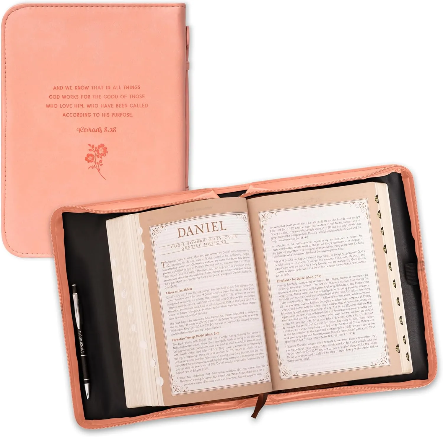 Christian Art Gifts Women's Fashion Bible Cover He Works All Things for Good Romans 8:28, Peach Floral Faux Leather, XL