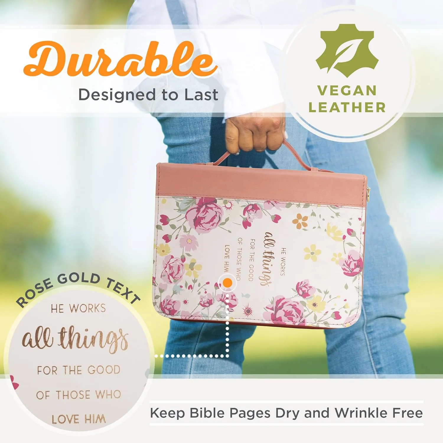 Christian Art Gifts Women's Fashion Bible Cover He Works All Things for Good Romans 8:28, Peach Floral Faux Leather, XL
