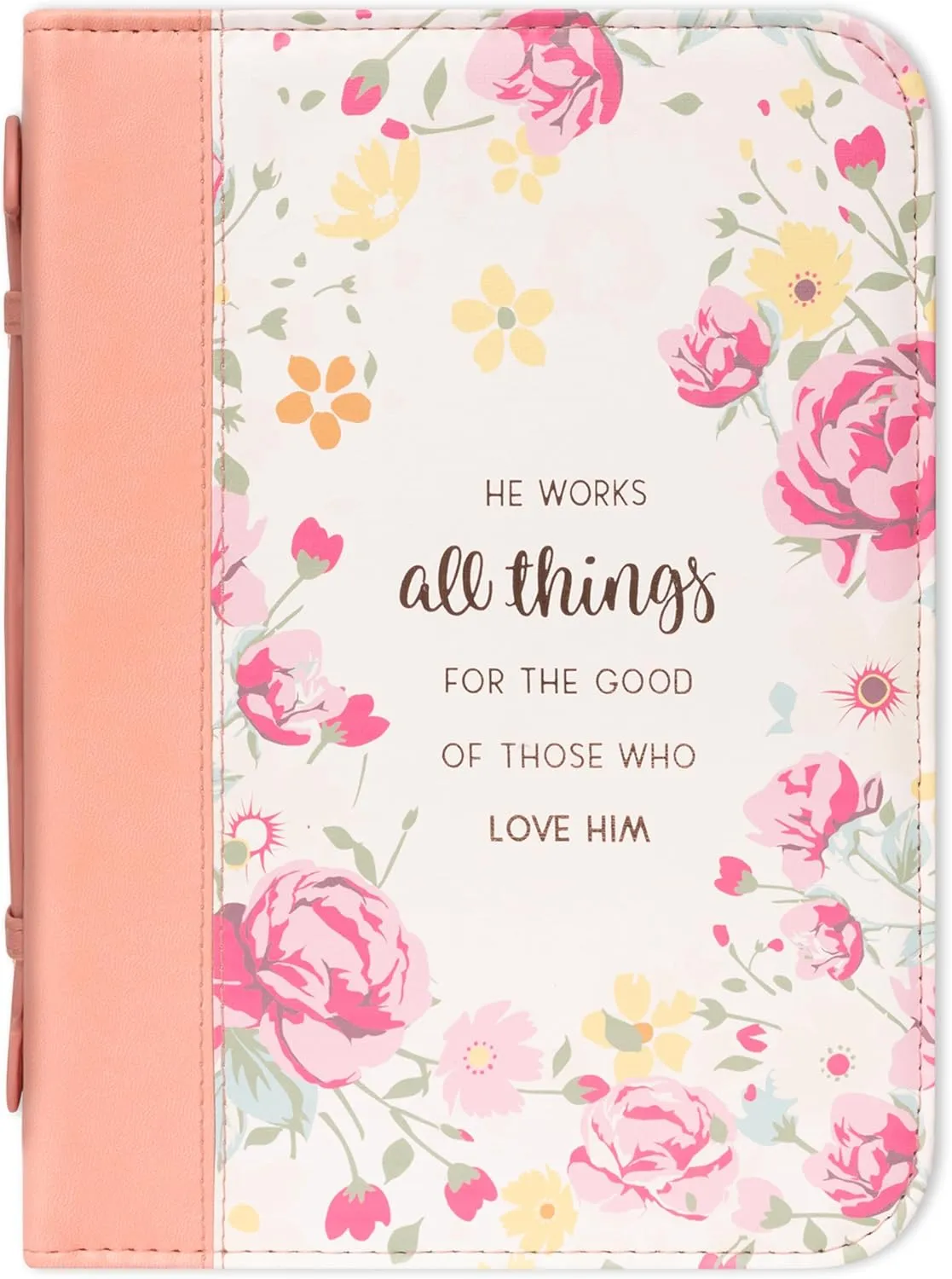 Christian Art Gifts Women's Fashion Bible Cover He Works All Things for Good Romans 8:28, Peach Floral Faux Leather, XL