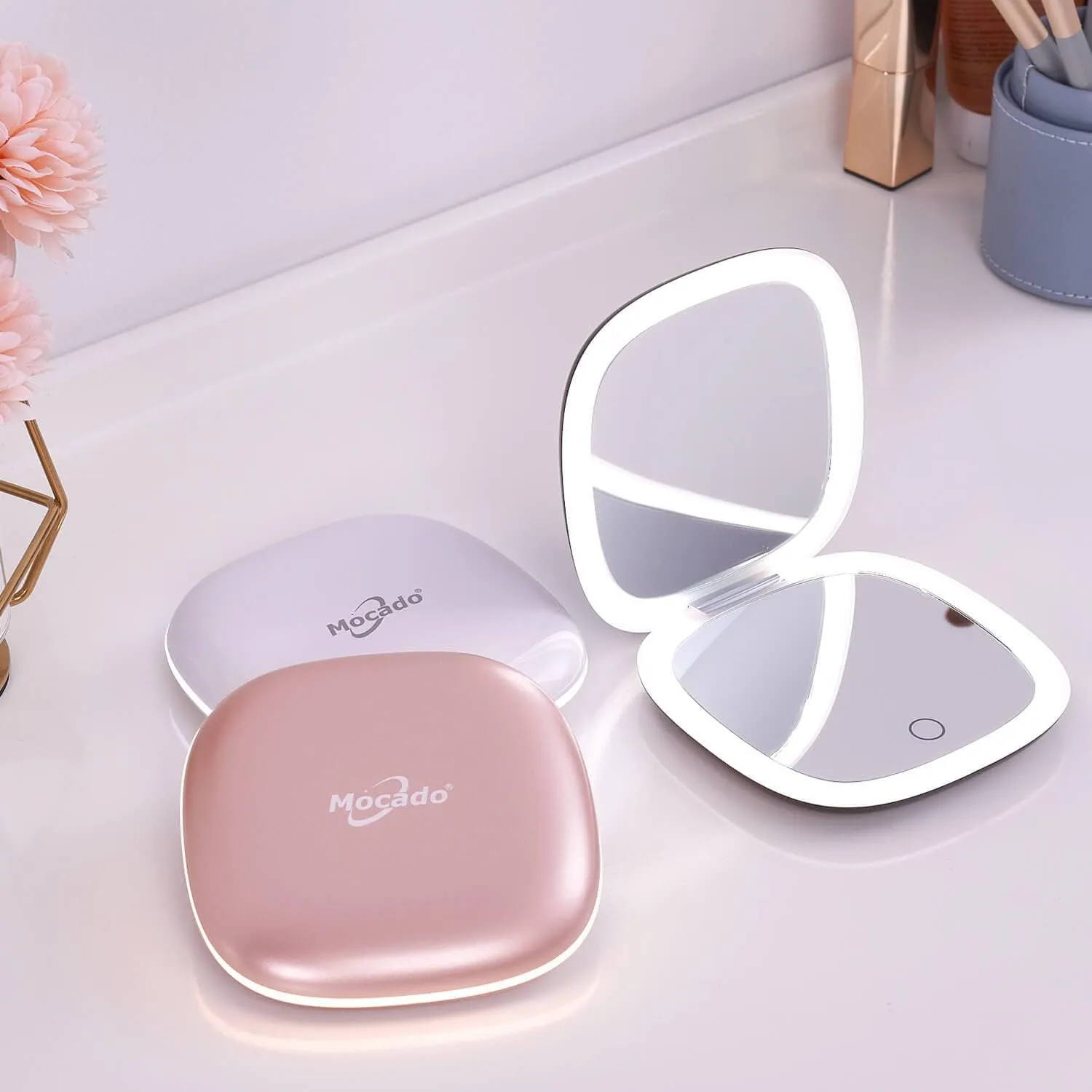 Compact LED Magnifying Travel Makeup-Mirror - 4 inches 1X/10X Magnification Small Hand Pocket Dimmable Double Sided USB Rechargeable Touch Screen, Portable Tabletop Cosmetic (Black)