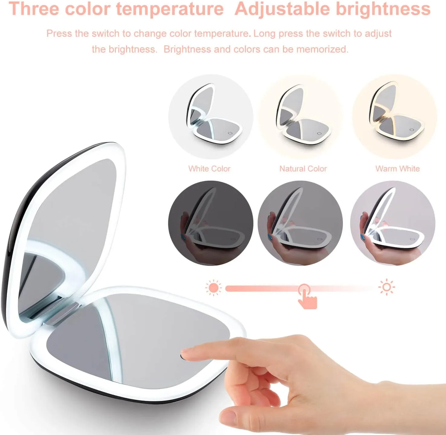 Compact LED Magnifying Travel Makeup-Mirror - 4 inches 1X/10X Magnification Small Hand Pocket Dimmable Double Sided USB Rechargeable Touch Screen, Portable Tabletop Cosmetic (Black)
