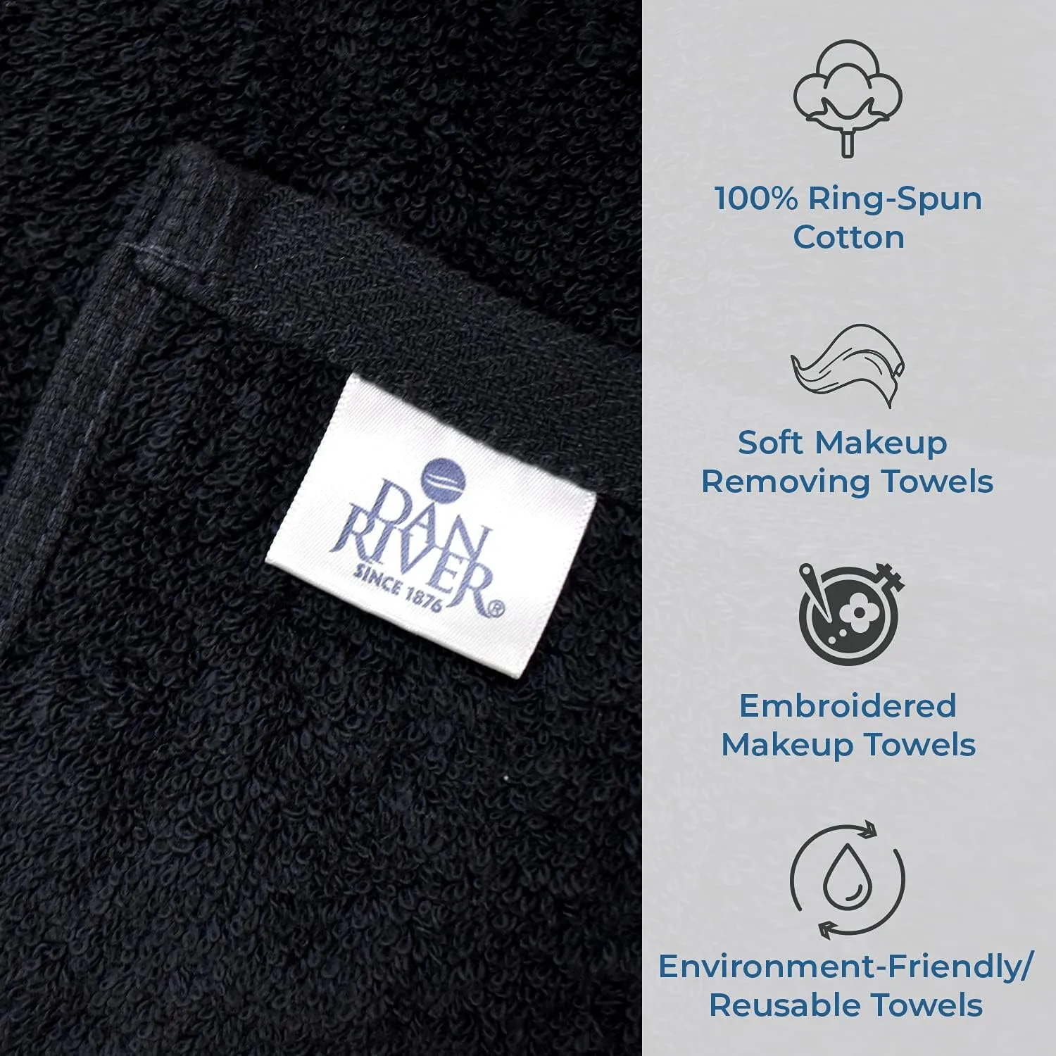 DAN RIVER Makeup Towel 100% Spun Cotton - (Pack of 6) Luxuriously Soft Reusable Makeup Remover Cloth, Facial Cleansing Cloth, of 6 13x13 Inch, Black Towels – Hello Beauty