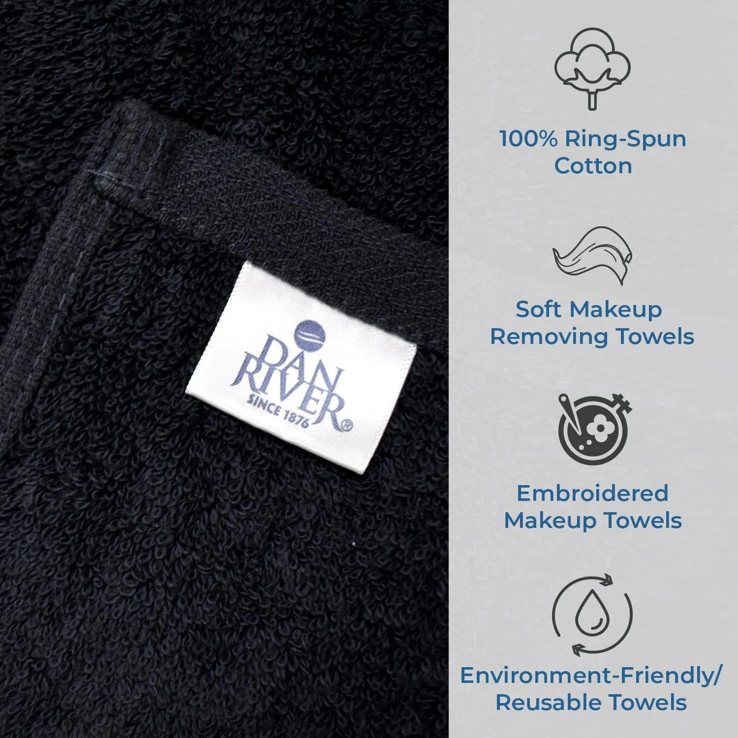 DAN RIVER Makeup Towel 100% Spun Cotton - (Pack of 6) Luxuriously Soft Reusable Makeup Remover Cloth, Facial Cleansing Cloth, of 6 13x13 Inch, Black Towels – Makeup