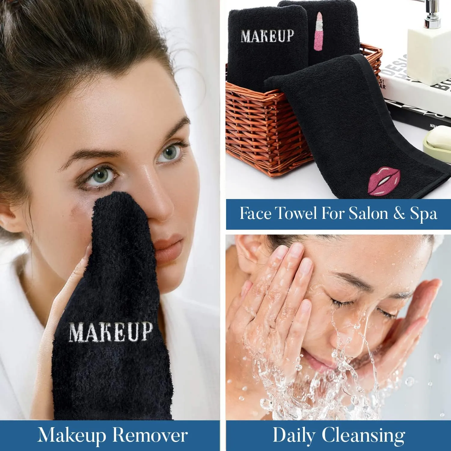 DAN RIVER Makeup Towel 100% Spun Cotton - (Pack of 6) Luxuriously Soft Reusable Makeup Remover Cloth, Facial Cleansing Cloth, of 6 13x13 Inch, Black Towels – Makeup