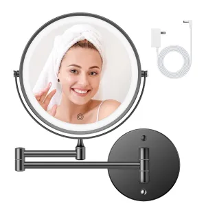 FASCINATE Rechargeable Wall Mounted Makeup Mirror with Lights and Magnification, 8 Inch Double Sided 1X 10X Magnifying Bathroom Mirror with 3 Color Lights & 360° Rotation Vanity Mirror - Black
