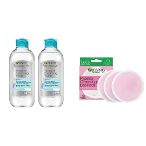 Garnier SkinActive Micellar Cleansing Water All-in-1 Cleanser & Waterproof Makeup Remover, 13.5 floz, 2 pack   EcoPads (Packaging May Vary)