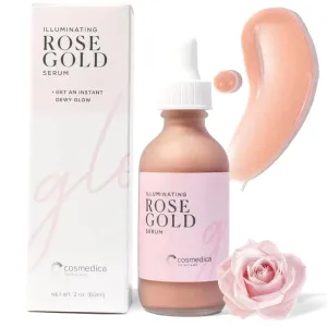 Illuminating Rose Gold Facial Serum Elixir with hydrating Aloe and Hyaluronic Acid for a light highlighting Primer - Natural makeup or no makeup look with dewy finish (2 oz.)