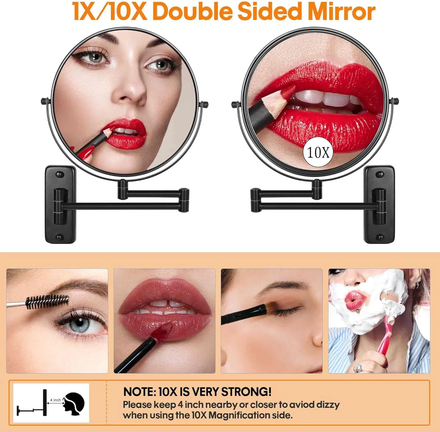 Large Size 9-in Wall Mounted Magnifying Makeup Mirror 1X/10X Magnification,Extendable Bathroom Mirrors Wall Mount Vanity Mirror for Shaving,12-in Folding Arm,Flexible Adjustable,Space-Saving,No Light