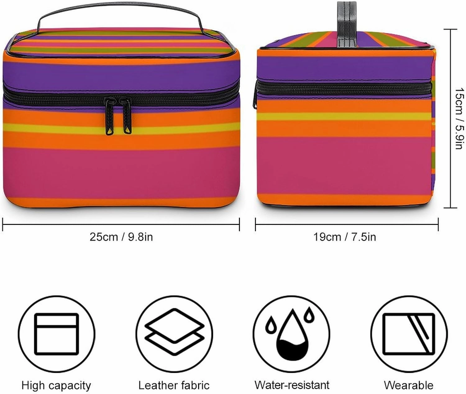 Leather Cosmetic Case, Orange, Yellow, Red, Green and Purple Stripe Portable Makeup Bag Organizer Large Capacity Travel Toiletry Bag with Zipper