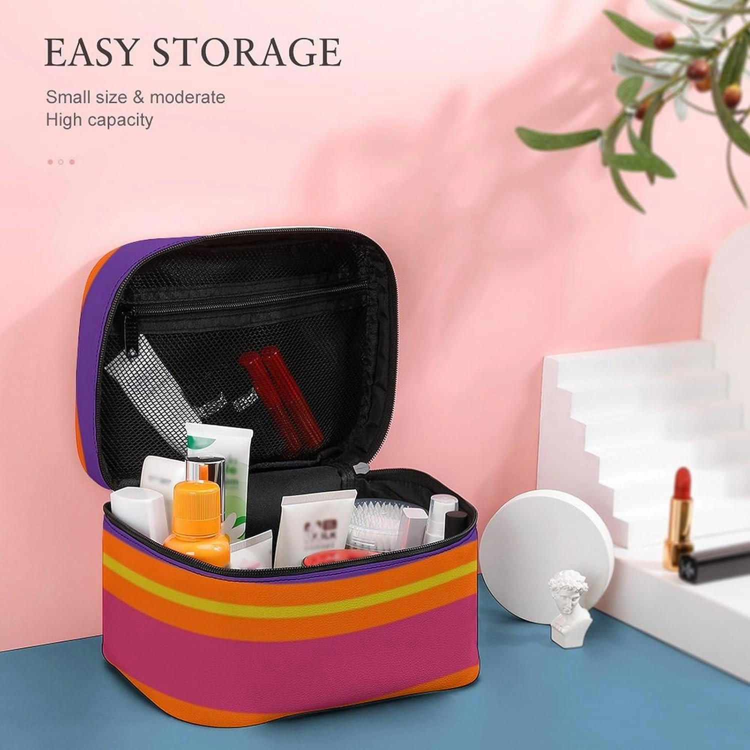 Leather Cosmetic Case, Orange, Yellow, Red, Green and Purple Stripe Portable Makeup Bag Organizer Large Capacity Travel Toiletry Bag with Zipper
