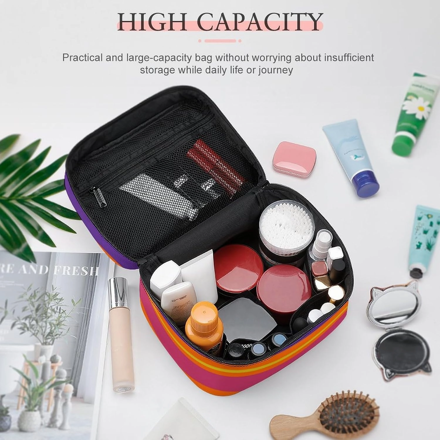 Leather Cosmetic Case, Orange, Yellow, Red, Green and Purple Stripe Portable Makeup Bag Organizer Large Capacity Travel Toiletry Bag with Zipper