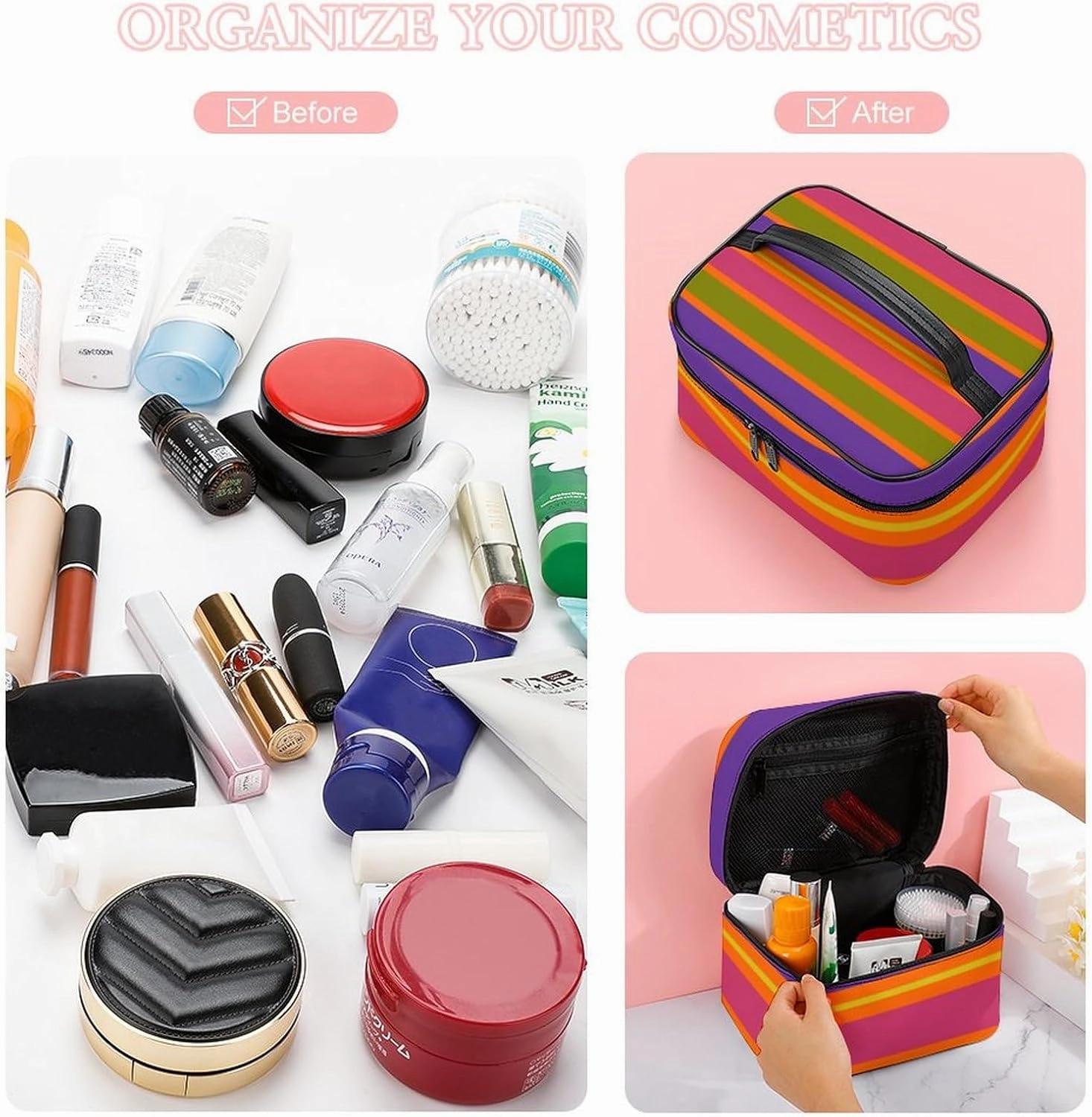 Leather Cosmetic Case, Orange, Yellow, Red, Green and Purple Stripe Portable Makeup Bag Organizer Large Capacity Travel Toiletry Bag with Zipper