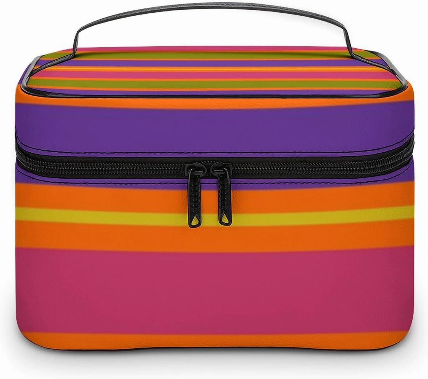 Leather Cosmetic Case, Orange, Yellow, Red, Green and Purple Stripe Portable Makeup Bag Organizer Large Capacity Travel Toiletry Bag with Zipper