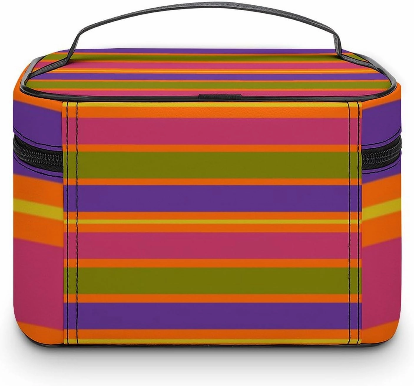 Leather Cosmetic Case, Orange, Yellow, Red, Green and Purple Stripe Portable Makeup Bag Organizer Large Capacity Travel Toiletry Bag with Zipper