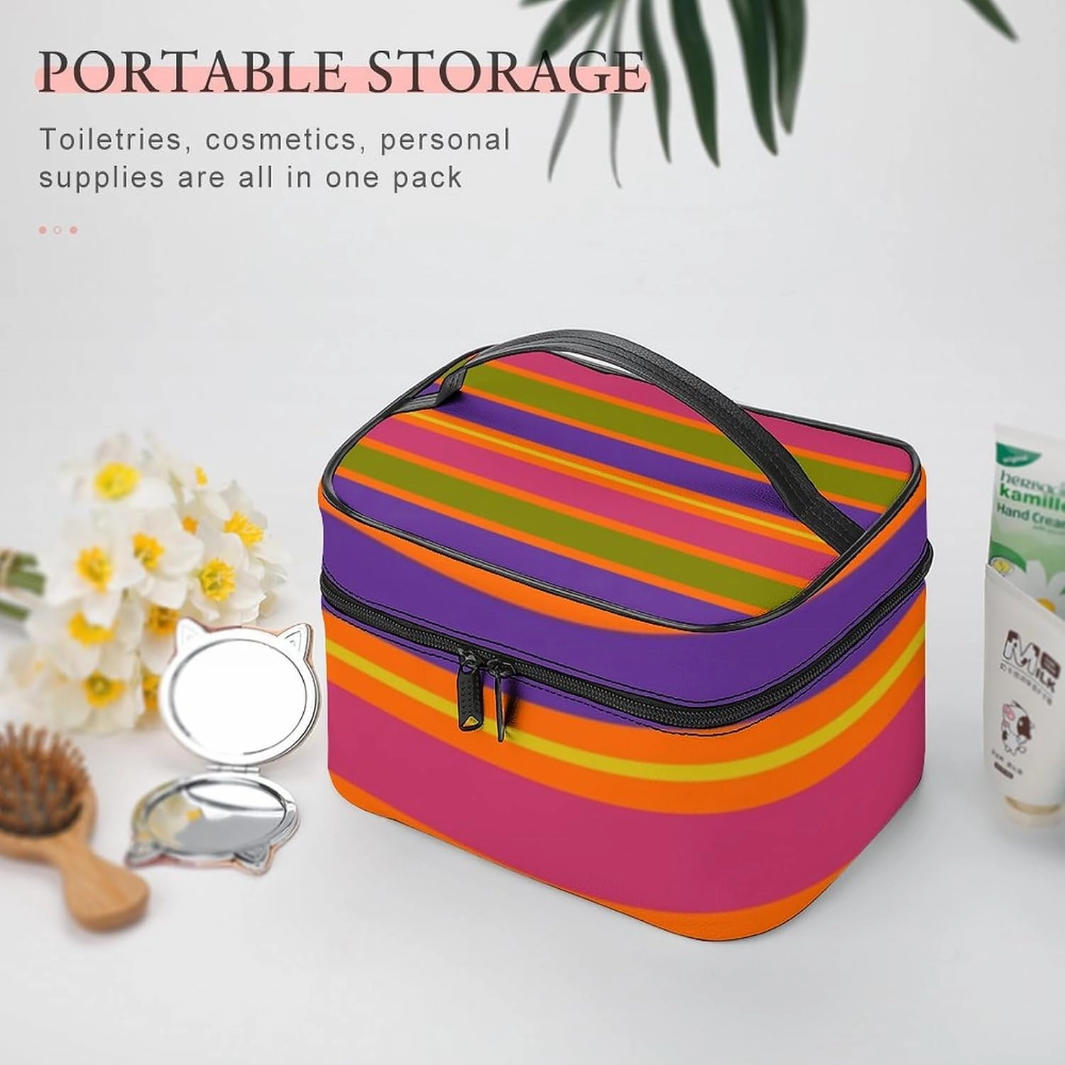 Leather Cosmetic Case, Orange, Yellow, Red, Green and Purple Stripe Portable Makeup Bag Organizer Large Capacity Travel Toiletry Bag with Zipper