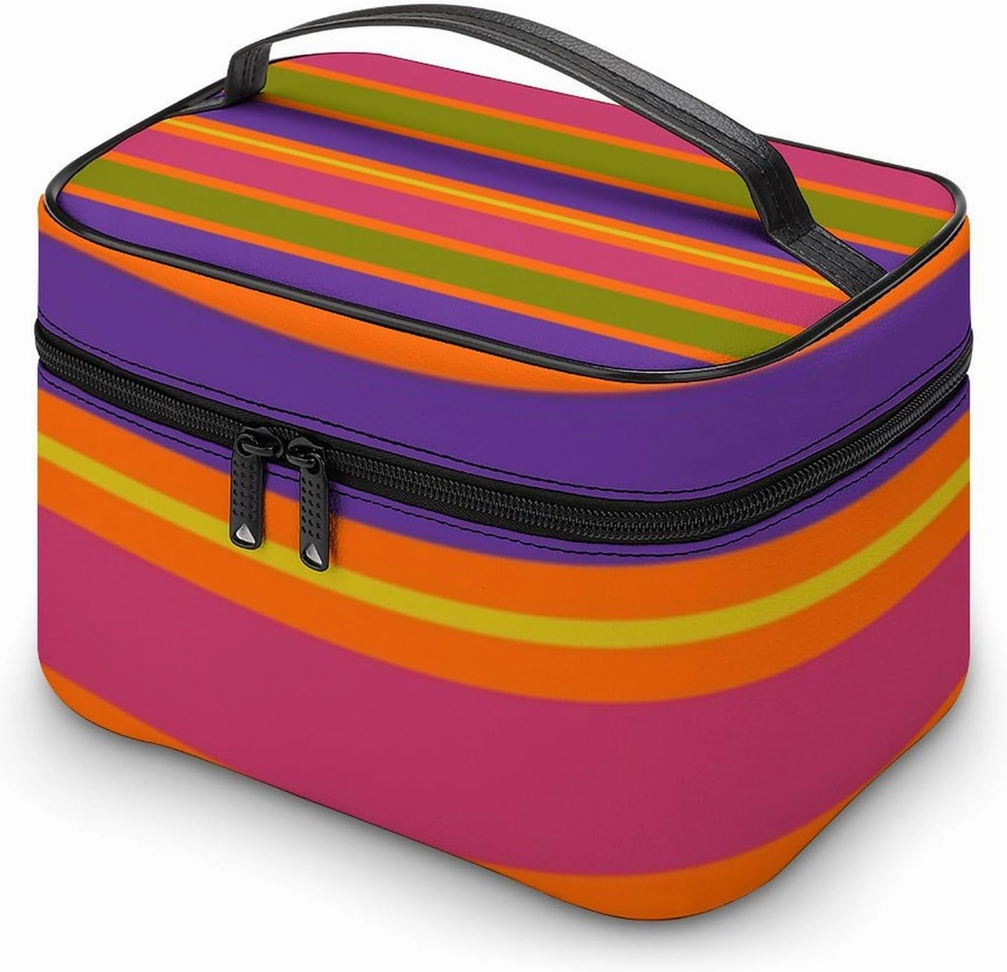 Leather Cosmetic Case, Orange, Yellow, Red, Green and Purple Stripe Portable Makeup Bag Organizer Large Capacity Travel Toiletry Bag with Zipper