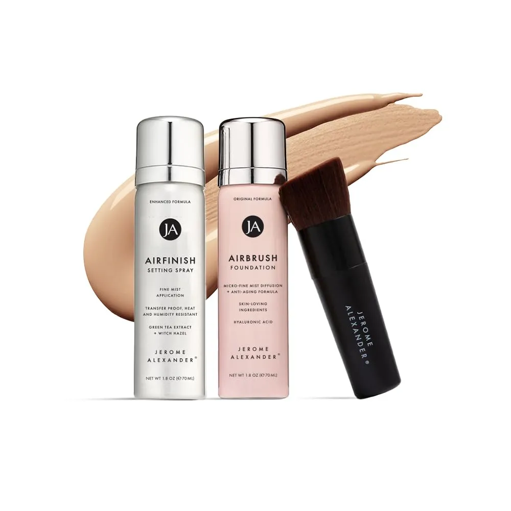 MagicMinerals AirBrush Foundation Set by Jerome Alexander – 3pc Set Includes AirFinish, Foundation and Kabuki Brush - Spray Makeup with Anti-aging Ingredients for Smooth Radiant Skin (Bright light)