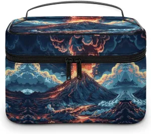 Makeup Bag Depicts A Volcano Printed Large Capacity Travel Make Up Bag for Cosmetics Vertical Storage Water-Resistant Leather Toiletry Organizer Skincare Makeup Organizer Bag