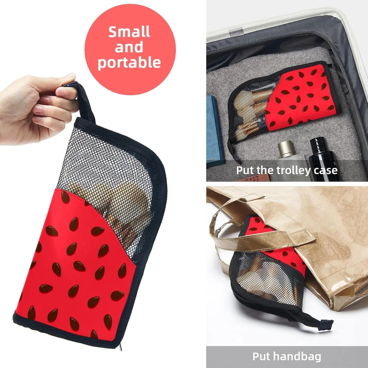 Makeup Brush Organizer Bag, Portable Travel Cosmetic Brush Case with 12 Makeup Brushes, Watermelon Seeds Texture Summer Foldable Makeup Cup for brushes, Eyebrow Pencil