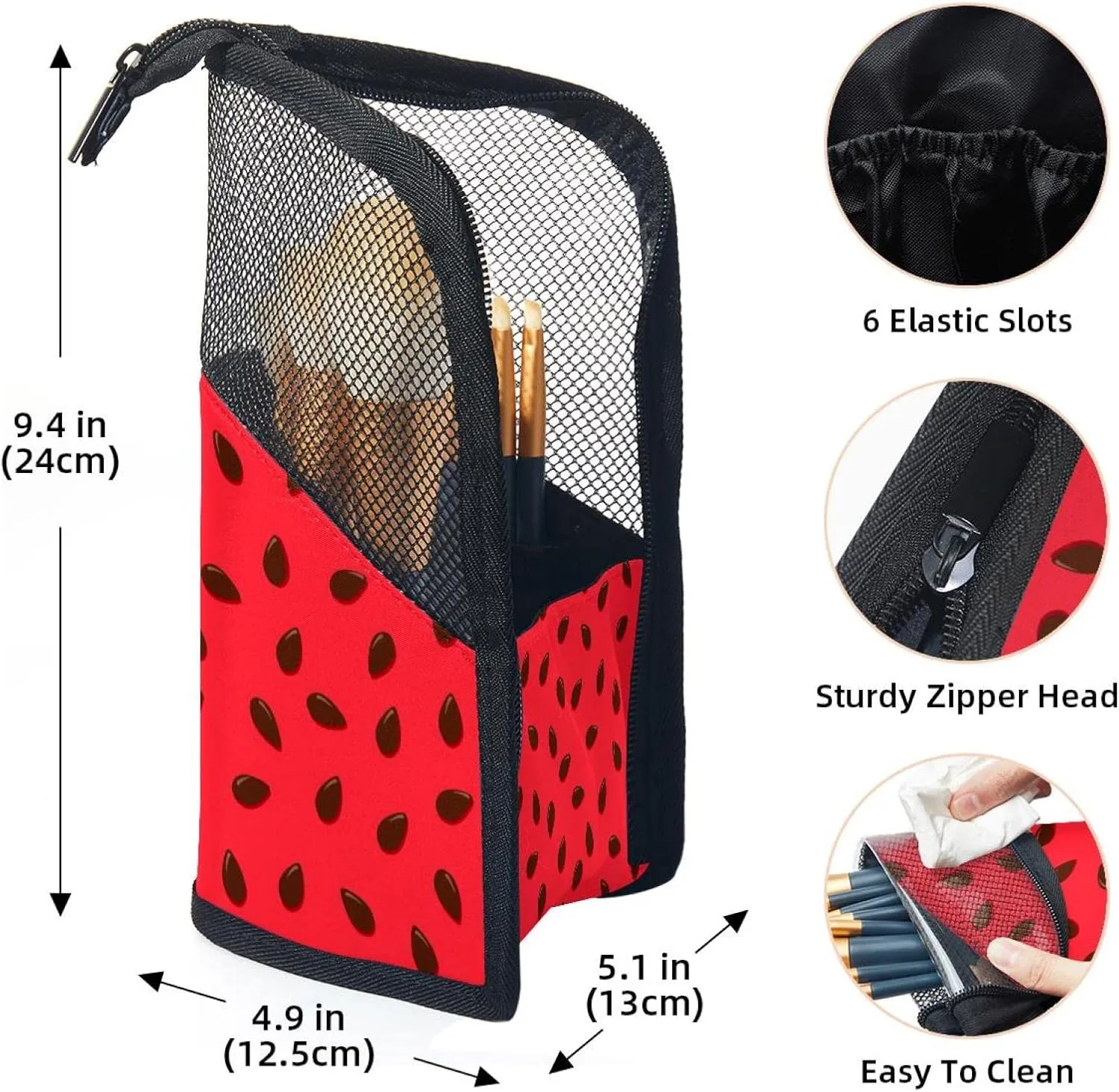 Makeup Brush Organizer Bag, Portable Travel Cosmetic Brush Case with 12 Makeup Brushes, Watermelon Seeds Texture Summer Foldable Makeup Cup for brushes, Eyebrow Pencil