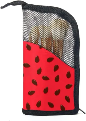 Makeup Brush Organizer Bag, Portable Travel Cosmetic Brush Case with 12 Makeup Brushes, Watermelon Seeds Texture Summer Foldable Makeup Cup for brushes, Eyebrow Pencil