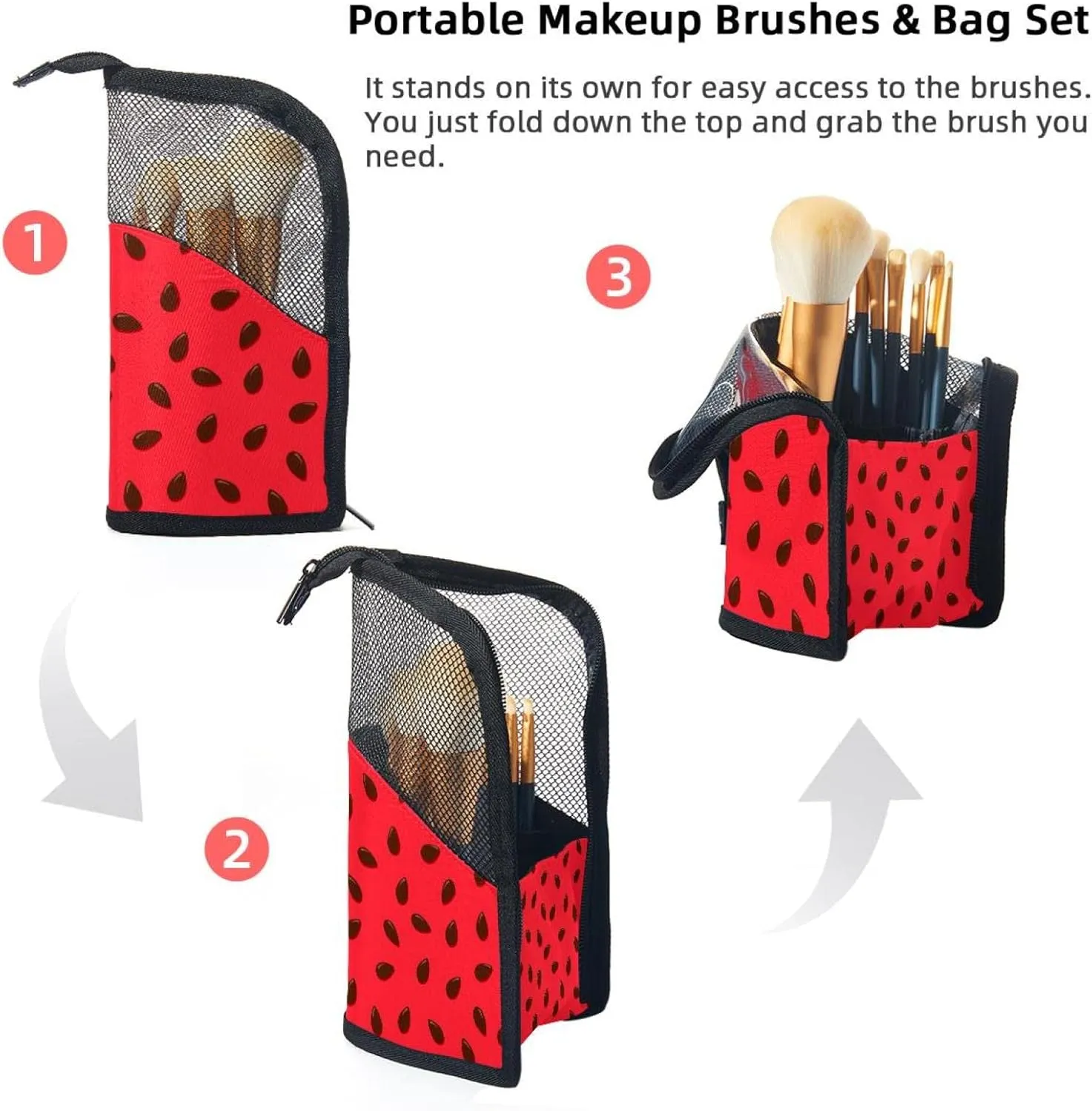 Makeup Brush Organizer Bag, Portable Travel Cosmetic Brush Case with 12 Makeup Brushes, Watermelon Seeds Texture Summer Foldable Makeup Cup for brushes, Eyebrow Pencil