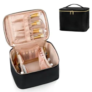 OCHEAL Large Makeup Bag for Women - Travel Cosmetic Organizer with Brush Holder & Dividers, Waterproof Leather Makeup Case, Portable Toiletry Bag for Makeup Brushes, Skincare, Accessories (Black)