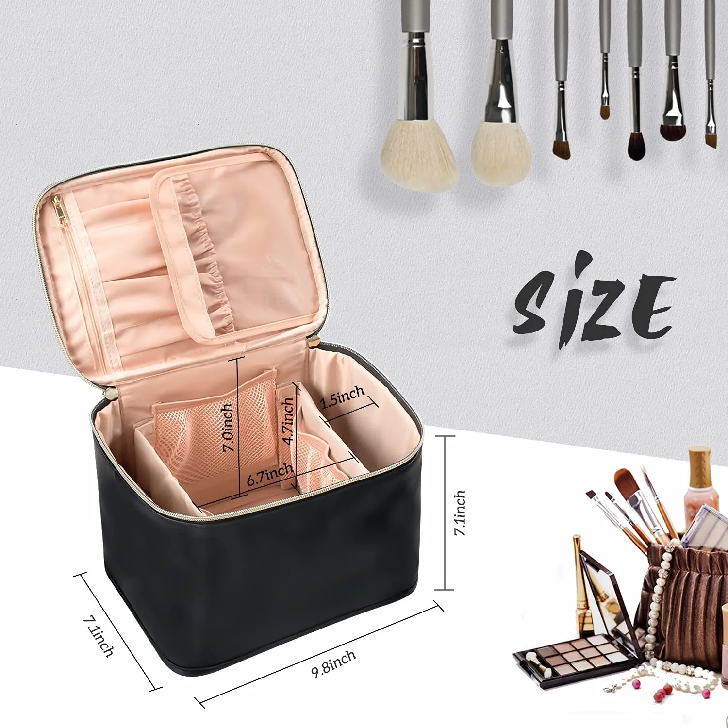 OCHEAL Travel Makeup Bag, Cosmetic Bags for Women Makeup Case Organizer Large Capacity Travel Toiletry Bag Storage Bags with Divider and Handle for Cosmetics Toiletries Brushes Tools-Large, Black