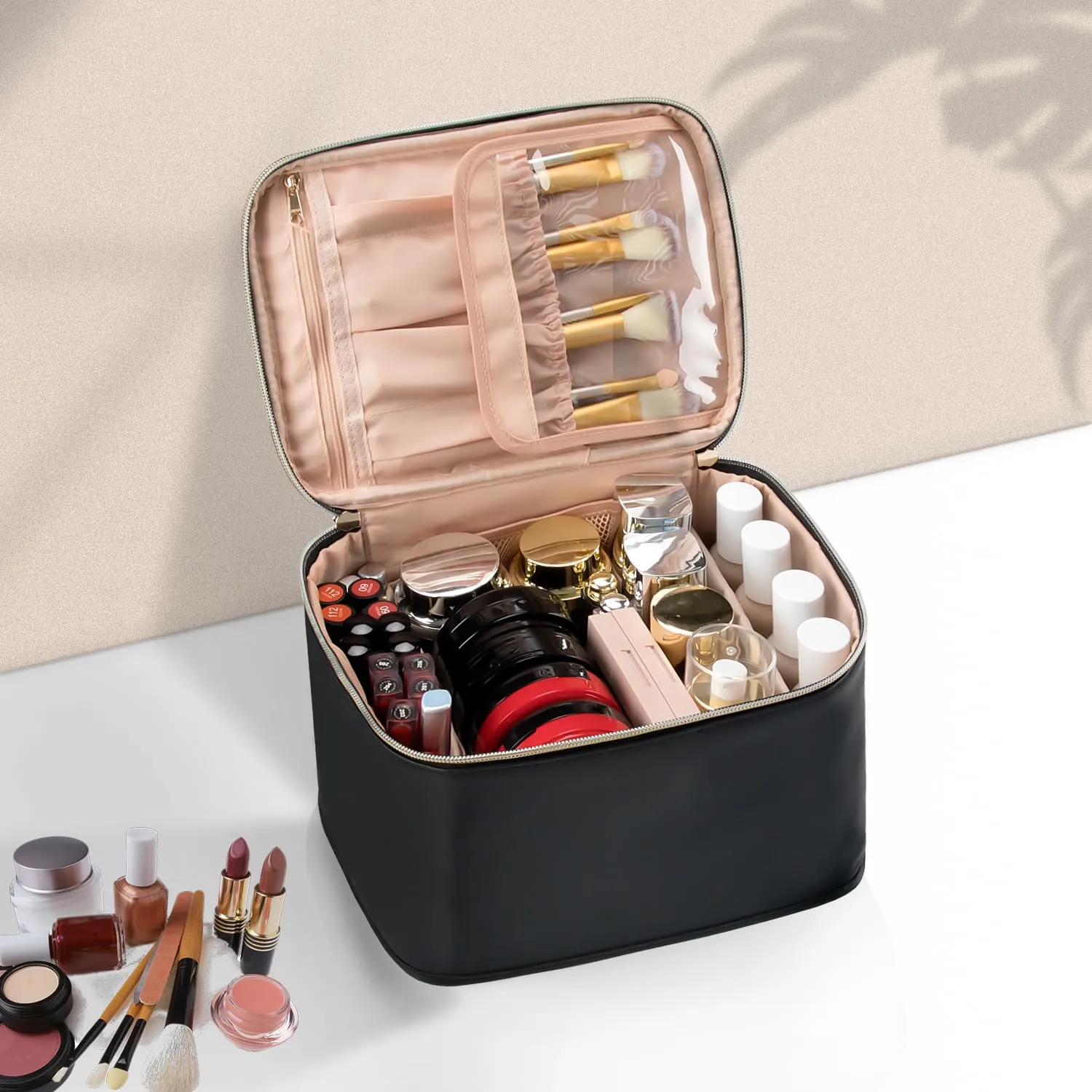 OCHEAL Travel Makeup Bag, Cosmetic Bags for Women Makeup Case Organizer Large Capacity Travel Toiletry Bag Storage Bags with Divider and Handle for Cosmetics Toiletries Brushes Tools-Large, Black