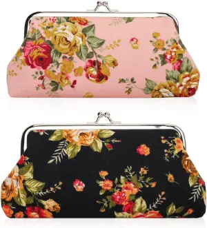 Oyachic 2 Packs Large Coin Purse Floral Cell Phone Pouch Clasp Wallet Handbags Change Pouch Clutch Buckle Vintage Kiss Lock Key Holder Women Bag