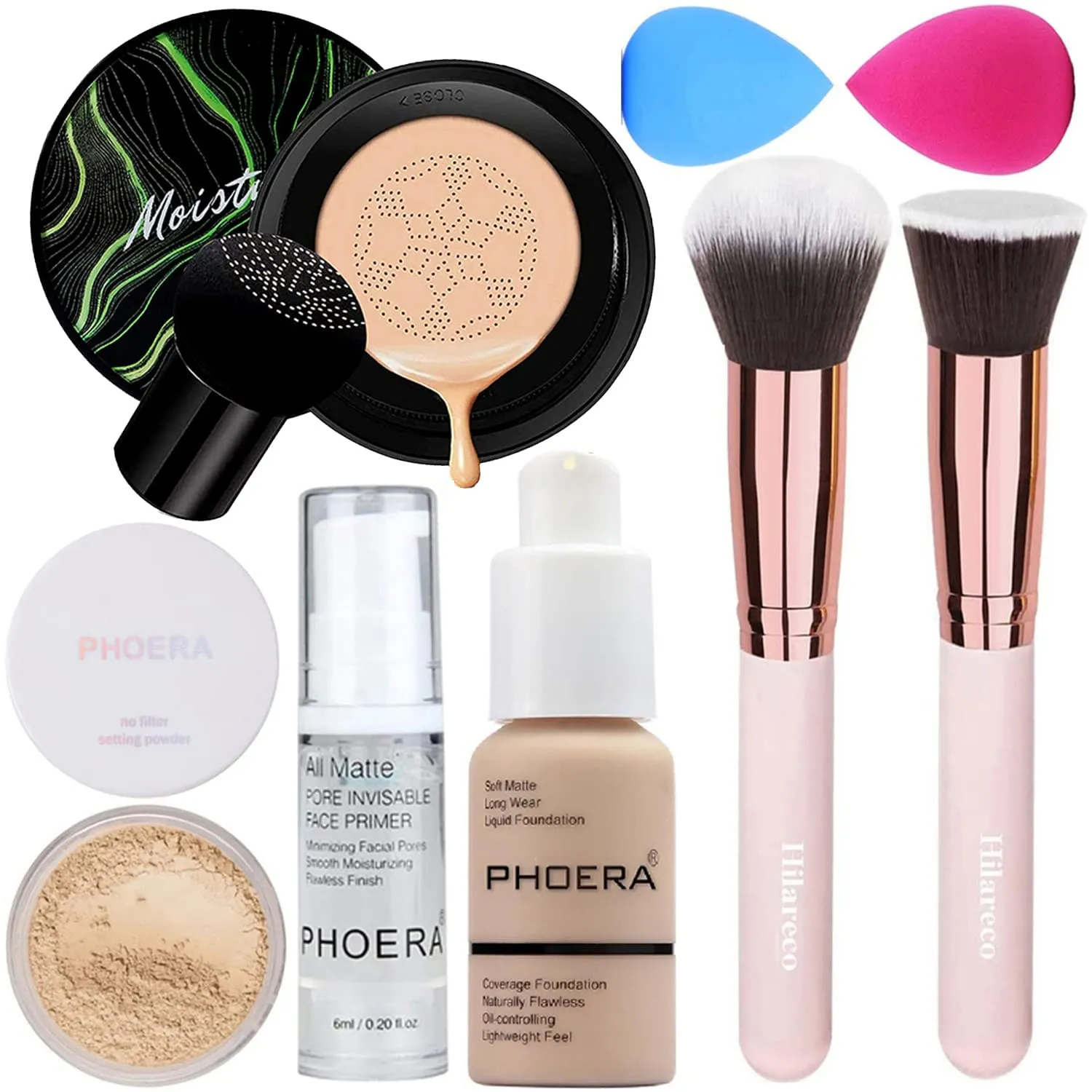 PHOERA Air Cushion CC Cream Natural Foundation, Primer, Powder, Foundation Brush, 2 Makeup Sponge (102Nude   02Natural CC)