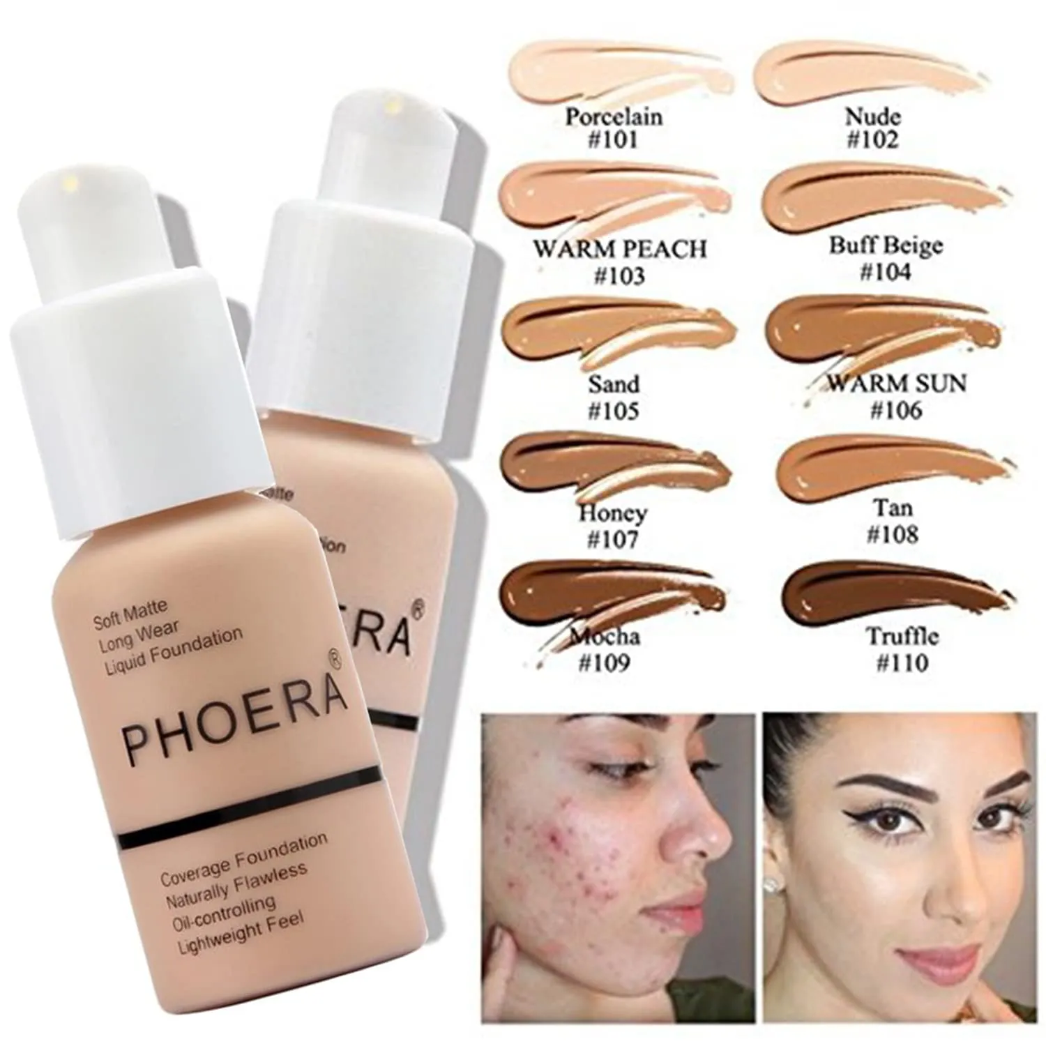 PHOERA Air Cushion CC Cream Natural Foundation, Primer, Powder, Foundation Brush, 2 Makeup Sponge (102Nude   02Natural CC)