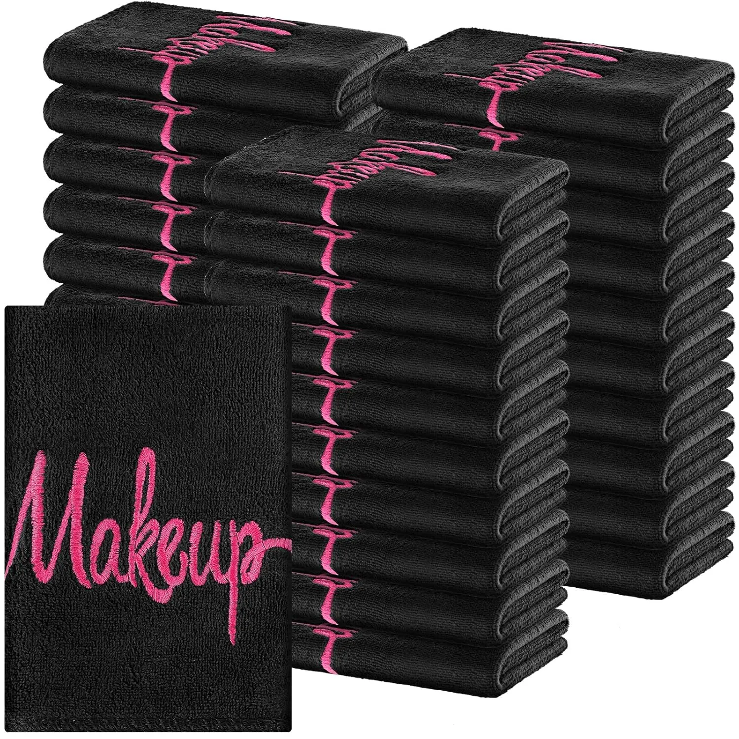 Preboun 96 Pack Makeup Remover Cloths, 13 x 13 Inch Makeup Towels Bulk Soft Microfiber Face Towels Reusable Makeup Washcloths with Makeup Embroidery for Women Skin Holiday Gifts (Black)