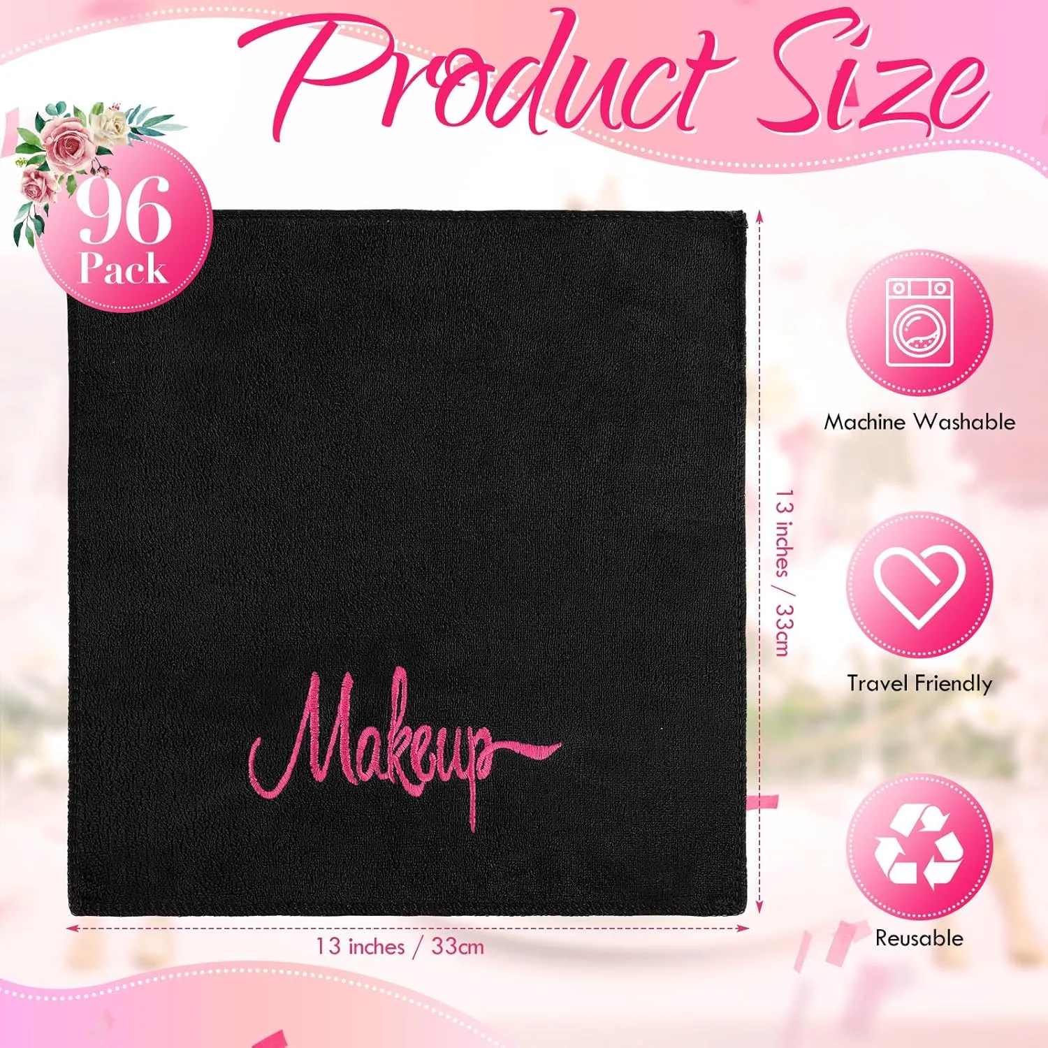 Preboun 96 Pack Makeup Remover Cloths, 13 x 13 Inch Makeup Towels Bulk Soft Microfiber Face Towels Reusable Makeup Washcloths with Makeup Embroidery for Women Skin Holiday Gifts (Black)