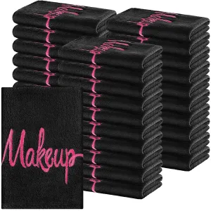Preboun 96 Pack Makeup Remover Cloths, 13 x 13 Inch Makeup Towels Bulk Soft Microfiber Face Towels Reusable Makeup Washcloths with Makeup Embroidery for Women Skin Holiday Gifts (Black)