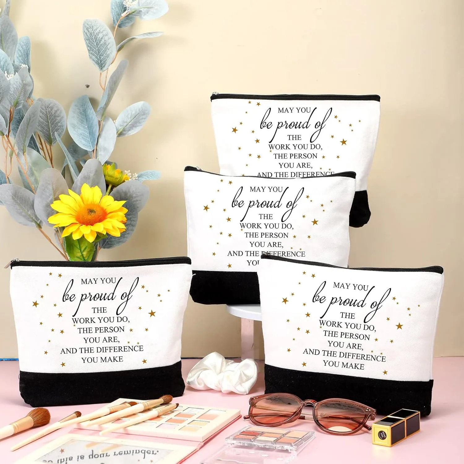 Roowest 20 Pcs Graduation Season Gift Employee Inspirational Gift for Women Makeup Bag Bulk Cosmetic Bags with Zipper for Women Social Worker Nurses, Mother's Day, Teachers' Day(White,Proud)