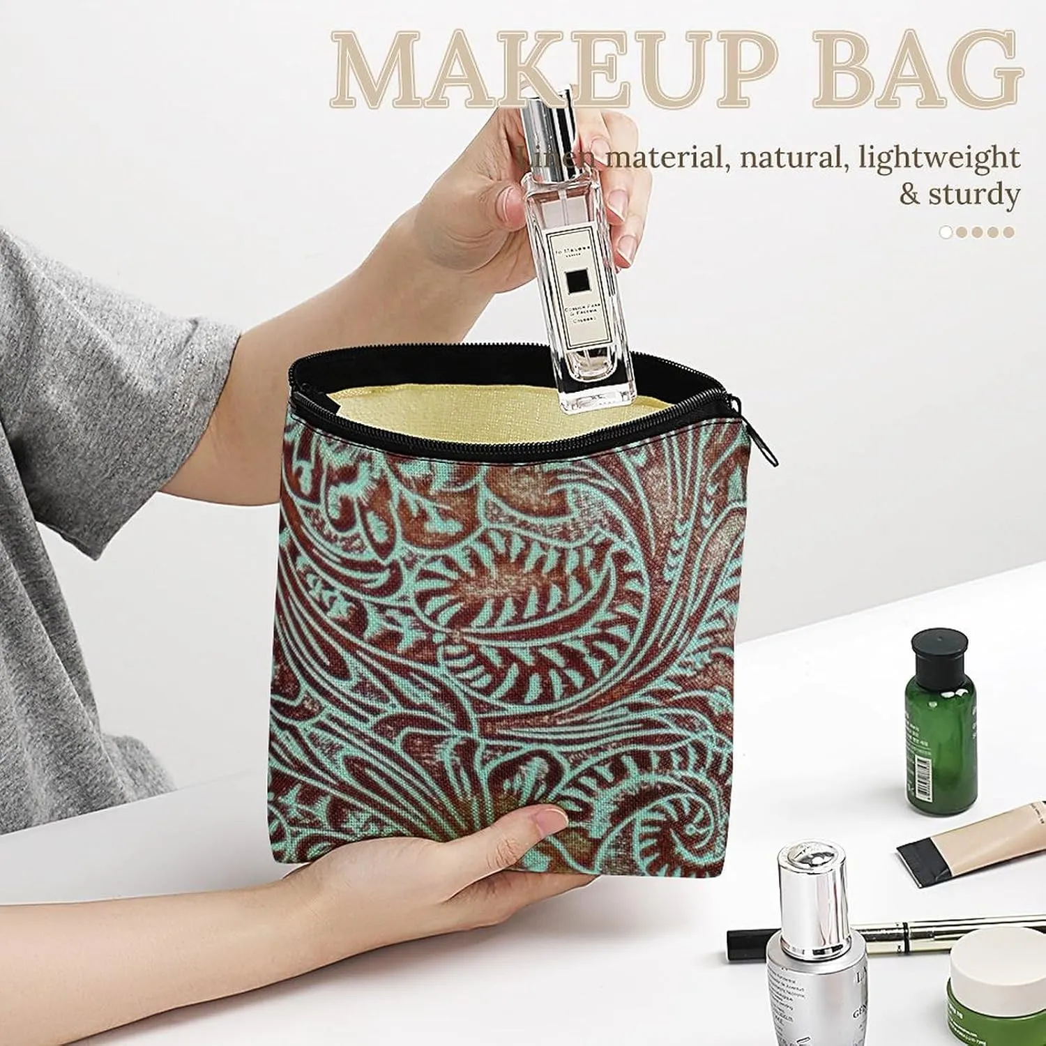 Southwestern Aqua Brown Tooled Leather Pattern Cosmetic Bag Western Gifts Western Stuff Makeup Bag Gifts for Women Girls Daughter Sister Bestie Graduation Birthday Christmas Nurse Travel